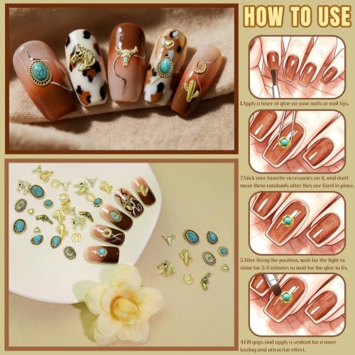 Gold Western Nail Charms Set 61pcs Cowboy Cowgirl 3D Turquoise & Metal Embellishments