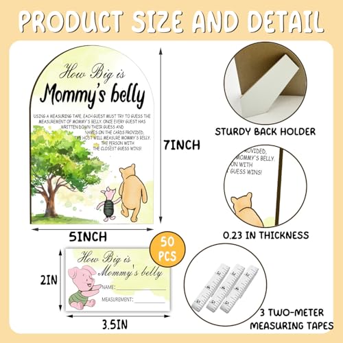 Winnie the Pooh Baby Shower Game Set - 54pcs Belly Measuring & Guest Cards
