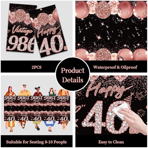Uiorgui 2-Pack Black Rose Gold 40th Birthday Tablecloths