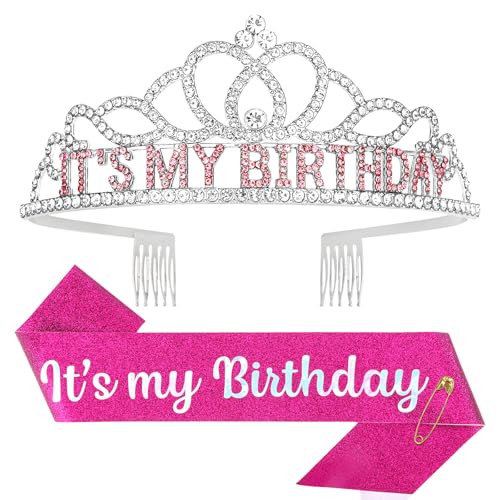Silver & Pink Birthday Crown & Sash for Women & Girls - Party Tiara Set