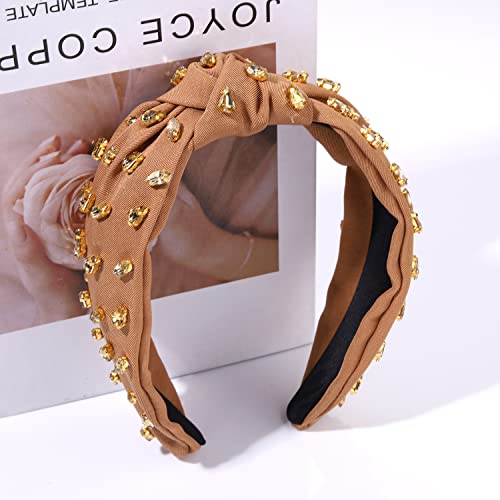NVENF B-Brown Rhinestone Knotted Headband for Women Summer Hair Accessories