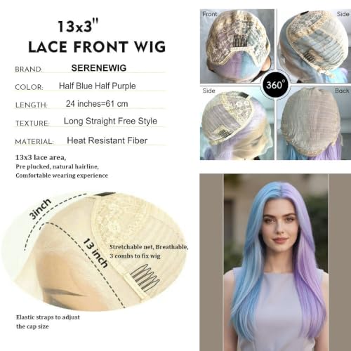 Serenewig Half Blue Half Purple Long Straight Synthetic Lace Front Wig for Women & Cosplay