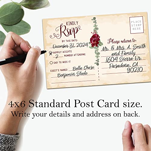 Burgundy Roses RSVP Postcards - Wedding Invitation Kit of 50
