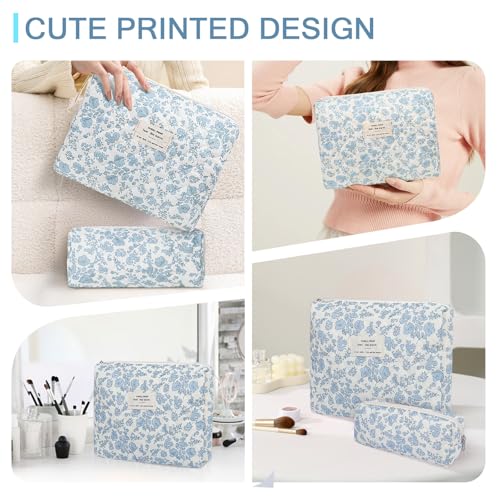 Gosect 2PC Blue Floral Makeup Bag Set for Women Girls Travel Cosmetic Organizer