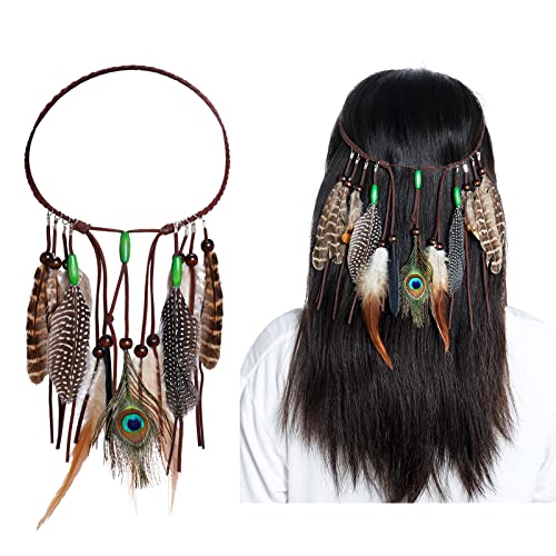 Obmwang Indian Feather Headband – Boho Festival Head Dress with Feathers for Women & Girls
