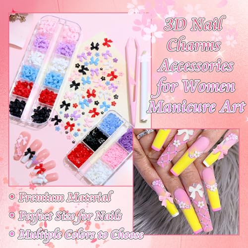 BELICEY 2 Boxes 3D Nail Charms Set with Bow Flowers, Colorful Acrylic Nail Art Supplies - Variation 03, 6 Colors