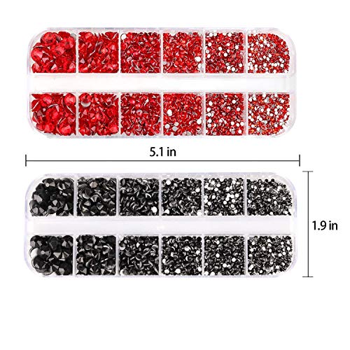 PHOGARY 3000-Piece Red & Black Flat Back Rhinestones Set 2-5mm with Pick-Up Tweezers