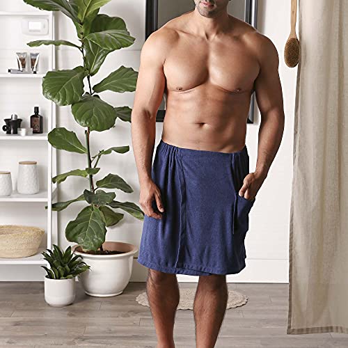 DII Men's Terry Shower Wrap Nautical Blue 54x20 with Adjustable Velcro & Pocket