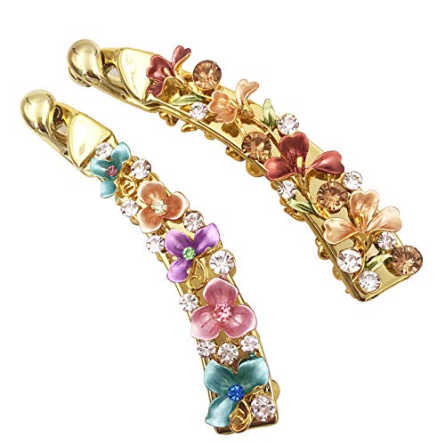 Lizzie Kay Floral Rhinestone Banana Hair Clips Set for Women - Long, Glam Ponytail Holders