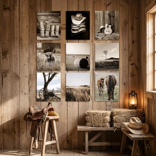 9-Piece Vintage Western Cowboy Wall Art Set - Rustic Farmhouse Canvas Prints 8x10in Unframed