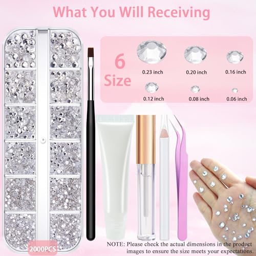 LOIKMIUP Silver Clear Rhinestones Face Gems with Makeup Glue - for Face & Hair Art, Festival & Party Looks, 2000pcs, Multiple Sizes