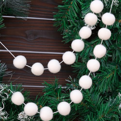 White Wool Felt Pom Pom Garland - 41.34 Inch Holiday Decor