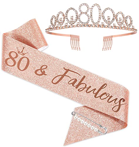 Rose Gold 80th Birthday Tiara & Sash Set for Women