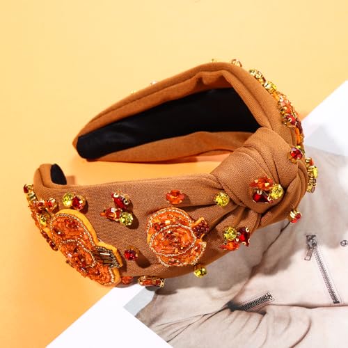 Pumpkin Beaded Thanksgiving Headband - Jeweled Knotted Fall Hair Accessory