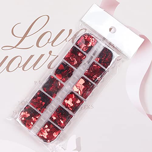 Colorful Valentine's Holographic Nail Art Glitters with Red Heart Charms - 12 Grids