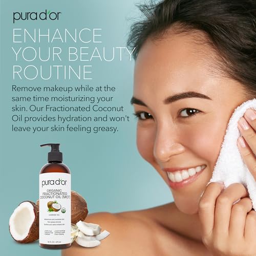 PURA D'OR ORGANIC Fractionated Coconut Oil MCT Oil (16 Oz) 100% Pure & Natural USDA Certified