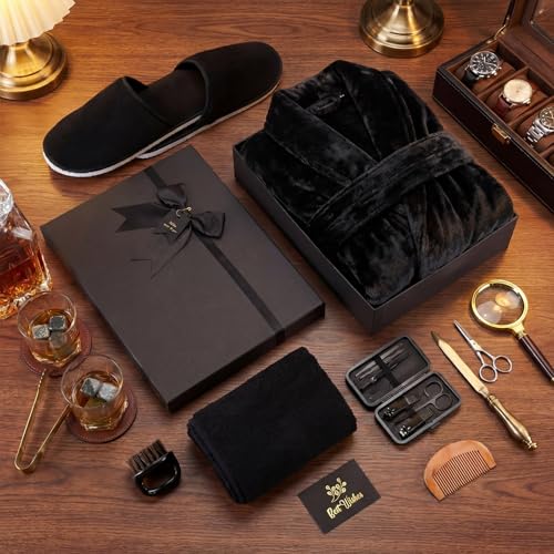 Hercicy 9 Packs Birthday Gifts for Men, Father Day Beard Care Ideas Set, Graduation Beard Grooming Bath Robe Slippers Nail Care Kit Towel Men's Gift Box for Husband Brother Dad(Black,Plush)