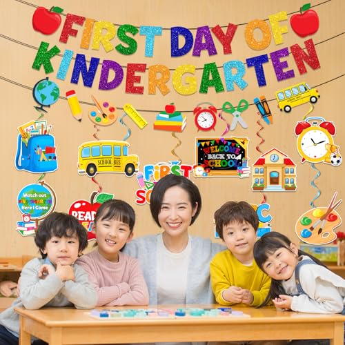 First Day of Kindergarten Decorations Set with Banner & Swirls