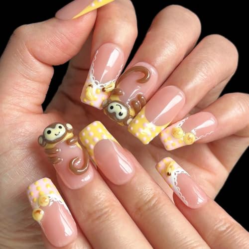 Handmade 3D Monkey Press On Nails - Medium Square French Tip Reusable Set