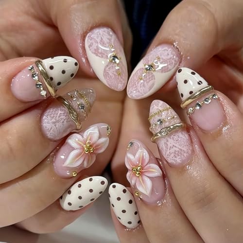 24Pcs Pink Flower Press-On Nails with 3D Gems & French Tips