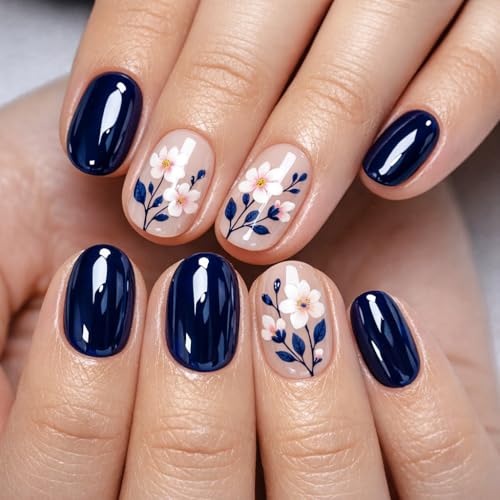 24pcs Dark Blue Daisy Press-On Nails for Spring Manicure