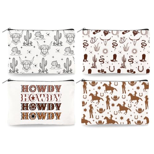 Western Cowboy Cactus Canvas Makeup Bags - Set of 4, Travel Organizer with Zipper, Western Themed Cosmetic Pouches