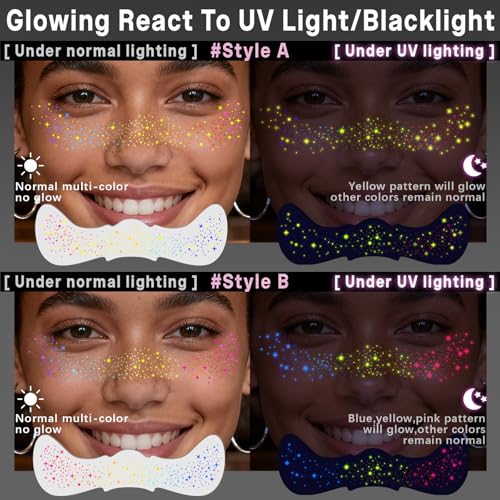 Noerrors 12pcs Glow in the Dark Rainbow Freckles Stickers Set C - UV Reactive Temporary Makeup