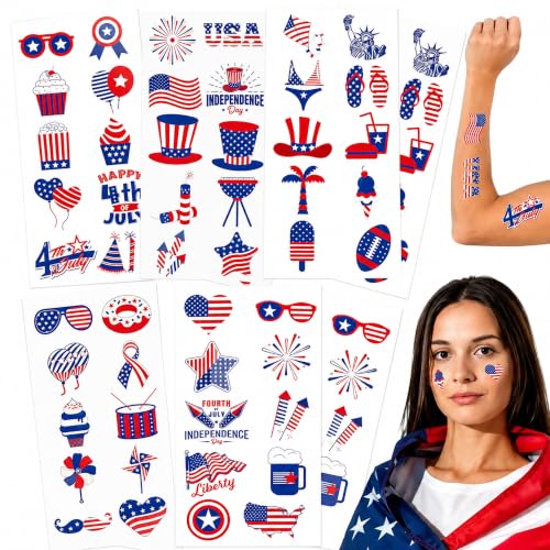 Anapoliz 100pcs Patriotic 4th of July Temporary Tattoos - Red White Blue USA Flags & Fireworks
