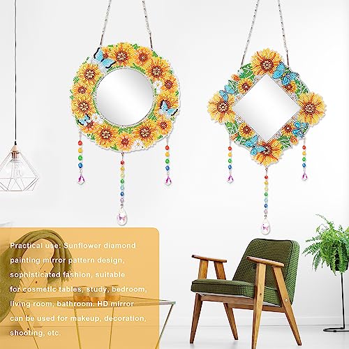 2Pcs DIY Diamond Painting Mirror Kit - Sunflower Butterfly Crystal Craft Set