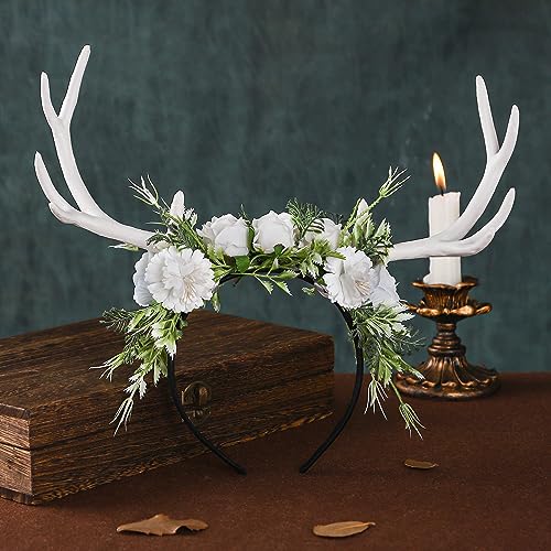 MOSTORY Handmade White Chrysanthemum Flower Antler Headpiece