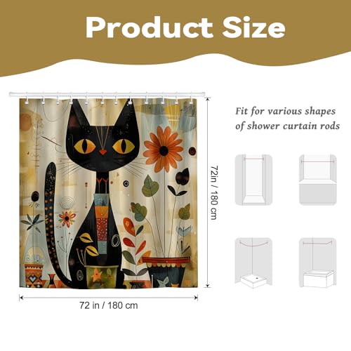Black Cat Shower Curtain - Boho 72x72 Inch Waterproof Bath Decor