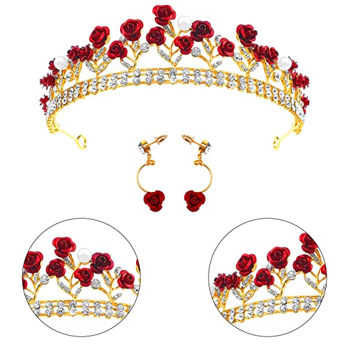 Aswewamt Red Bridal Rose Crown Headband and Earrings Set - Gold Flower Wedding Jewelry