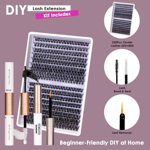 Ocean Pearl Lash Clusters 320pcs 3D Thick Lash Clusters kit 60D+80D Lashes,Eyelashes,Lash Extension Kit,Eyelash Clusters with lash adhesive+sealer+remover+tweezers,Lashes Clusters Eyelash Extensions
