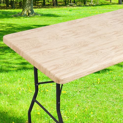 Smiry Waterproof Elastic Fitted Tablecloth for 4FT Tables - Beige Wood