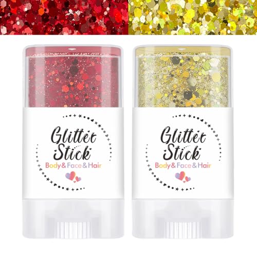 SYPAFG Red & Gold Chunky Body & Face Glitter Stick 2 Pack for Festival & Rave
