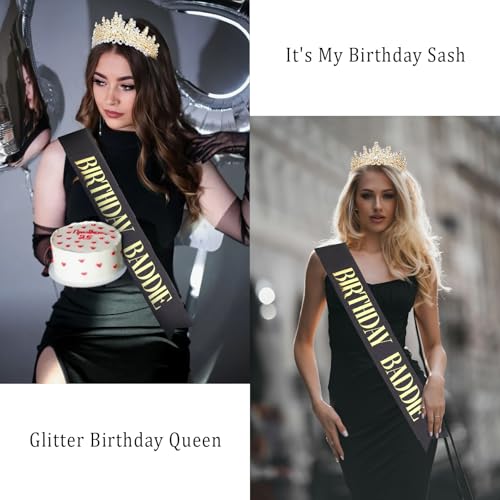 Gold Birthday Crown and Black Birthday Baddie Sash Set for Women