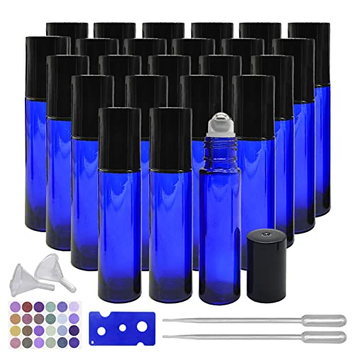 24 Pack 10ml Cobalt Blue Glass Roller Bottles with Stainless Steel Balls