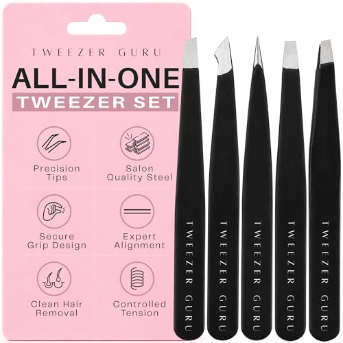 5-Piece Stainless Steel Tweezers Set - Precision Slant & Pointed Tweezers for Eyebrows, Ingrown Hair & Splinter Removal