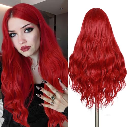 Bright Red Long Wavy Wig for Women - Heat Resistant Synthetic Hair