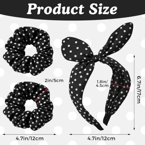 50s Polka Dot Headband & Hair Ties Set for Women - Retro Bow Pack of 3