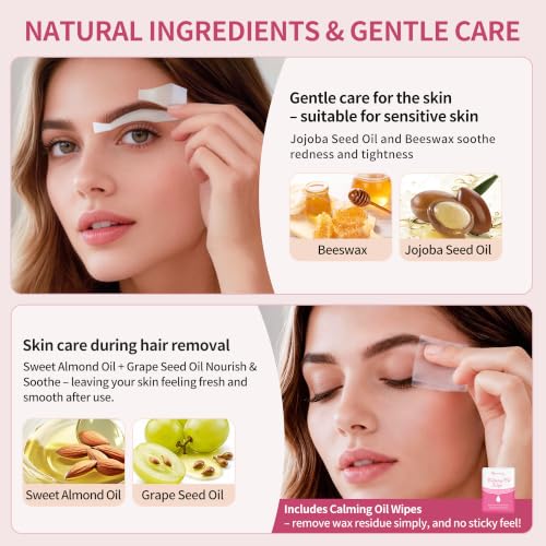 Beauty7 Facial Wax Strips for Hair Removal - 24 Assorted Strips with Calming Oil Wipes for Sensitive Skin