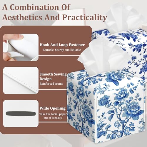 Blue Floral Tissue Box Holder - Waterproof Leather Organizer for Home & Car, 2 Pack