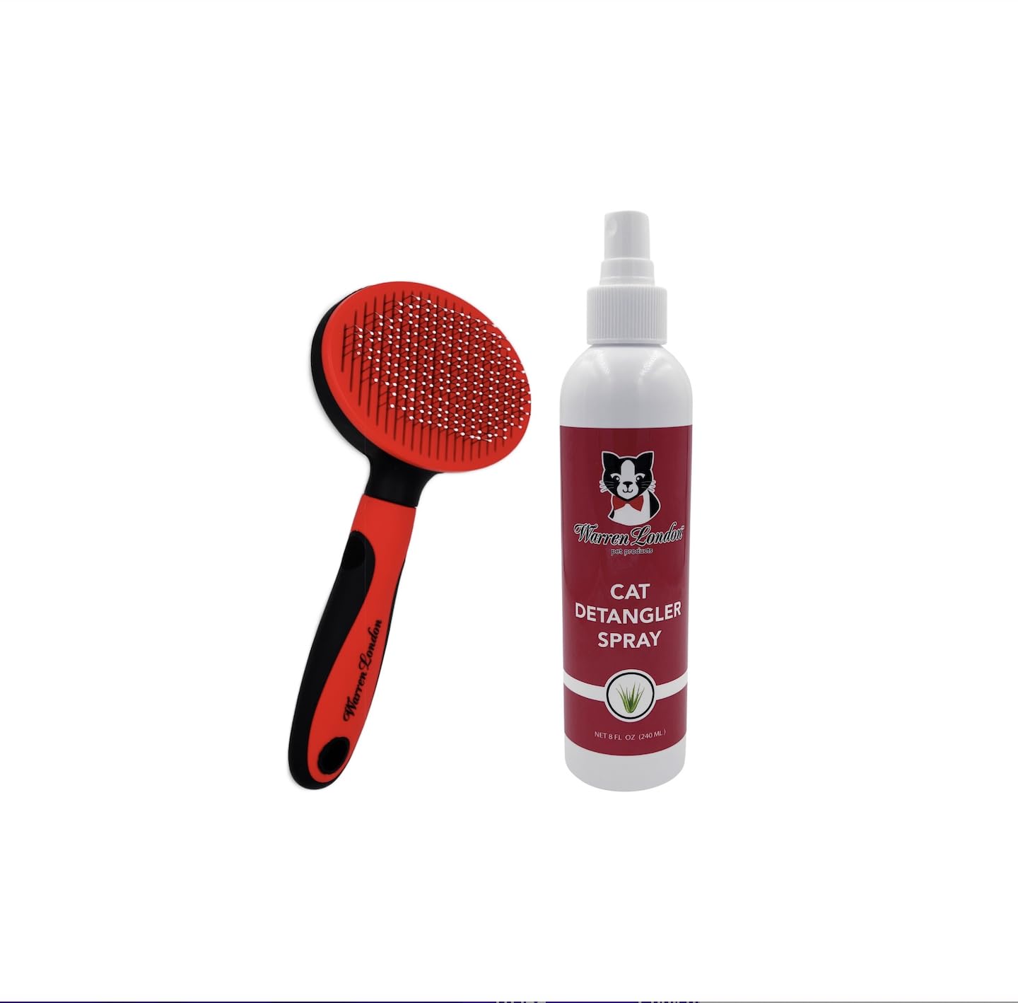 Warren London Cat Detangler Spray Bundle with Pin Brush for Matted Hair | Leave in Conditioner Pet Detangling Spray that Demattes & Refreshes | 8oz w/Pin Brush