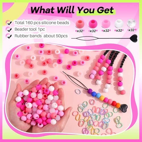 TINKRSTUFF 160Pcs Soft Silicone Hair Beads Kit for Braids with Beader Tool