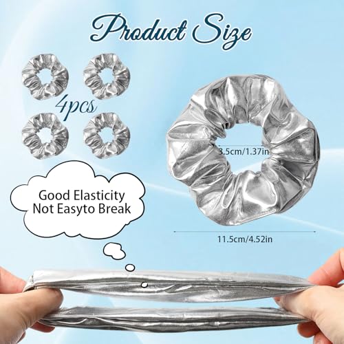 Silver PU Leather Hair Scrunchies - 4 Pcs Glam Accessories