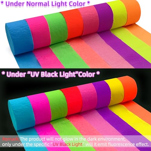 Glow Crepe Paper Streamers - 8 Rolls UV Reactive Neon Party Decorations