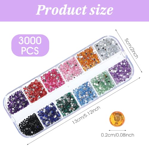 3000PCS Multicolor Nail Rhinestones - 2mm Flat Back Gems Set