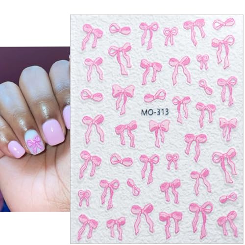 5D Bow Nail Art Stickers - 3 Sheets of Pink & White Self-Adhesive Decals