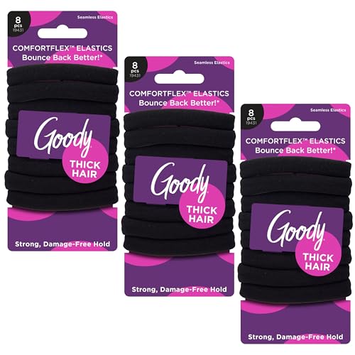 GOODY ComfortFlex Seamless Thick Black Hair Elastics - No Slip, Gentle Hold, Damage-Free Ponytail Ties for All Hair Types (8 Pack of 3)