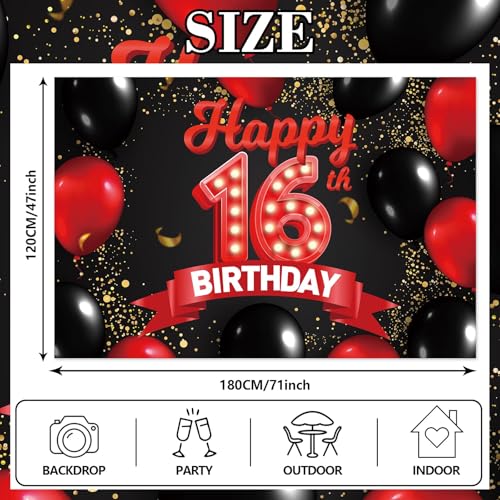 16th Birthday Red and Black Banner Backdrop - Girls Party Decor